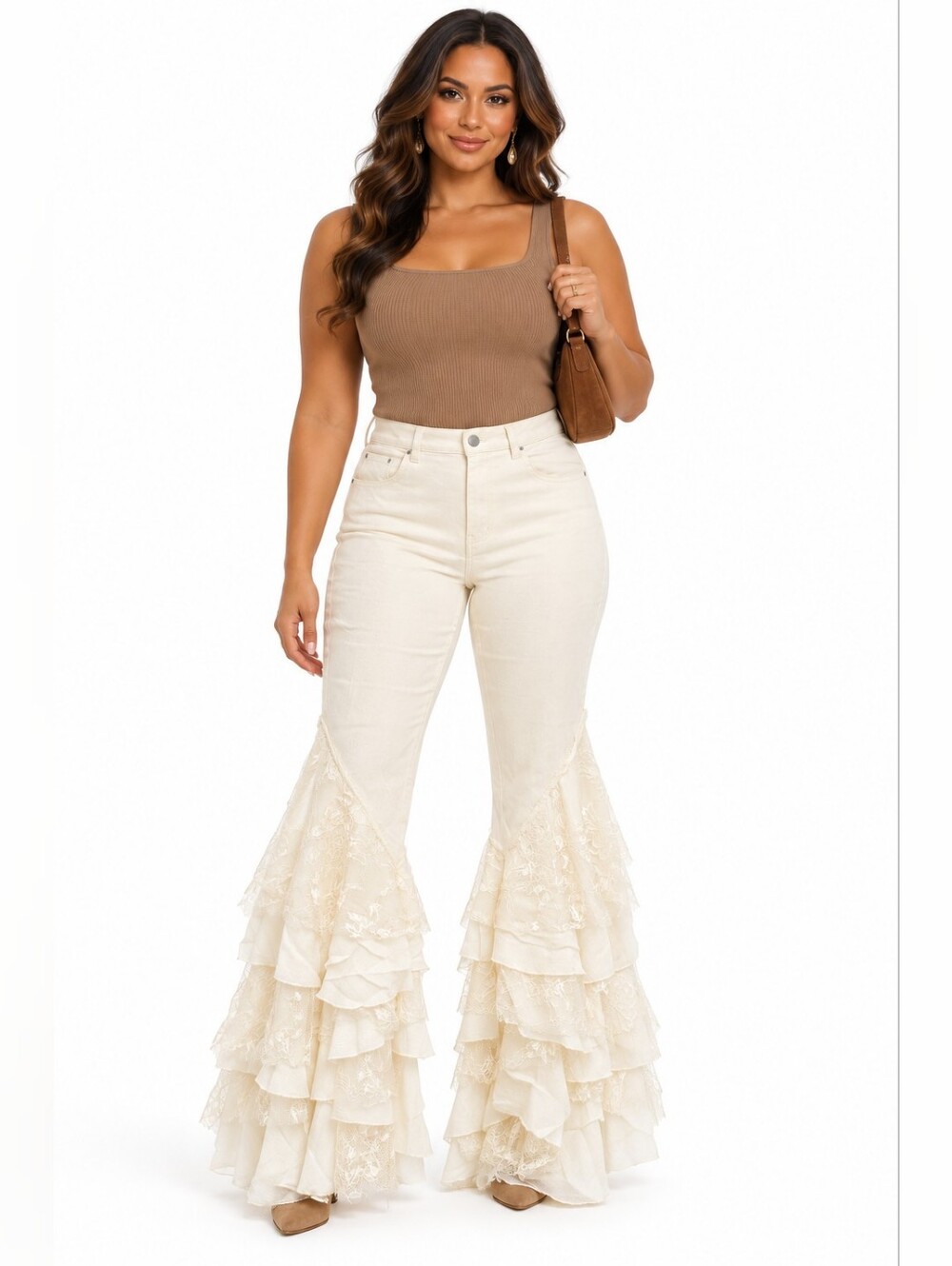 NWT Oli & Hali Lace Tiered Ruffle Flare Jeans Off White High Rise XL US 14-16
